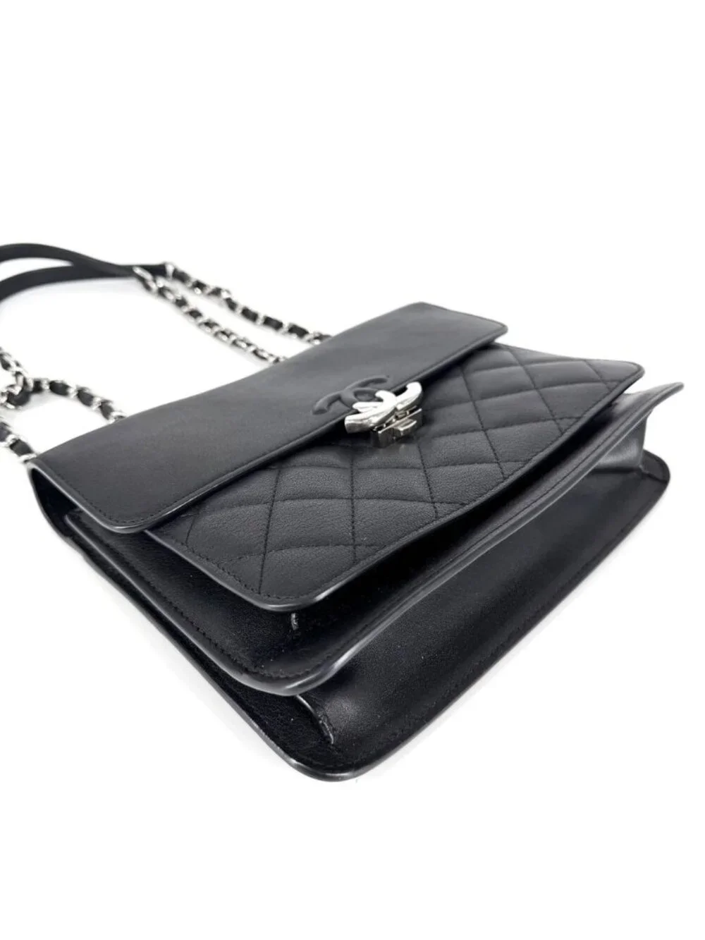 Chanel Shoulder Bag Quilted CC Logo Double Chain Crossbody Leather Black Silver